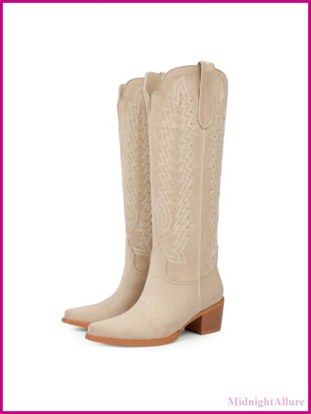 Women's Knee-High Faux Suede Embroidered Cowboy Boots Studded Pointed Toe